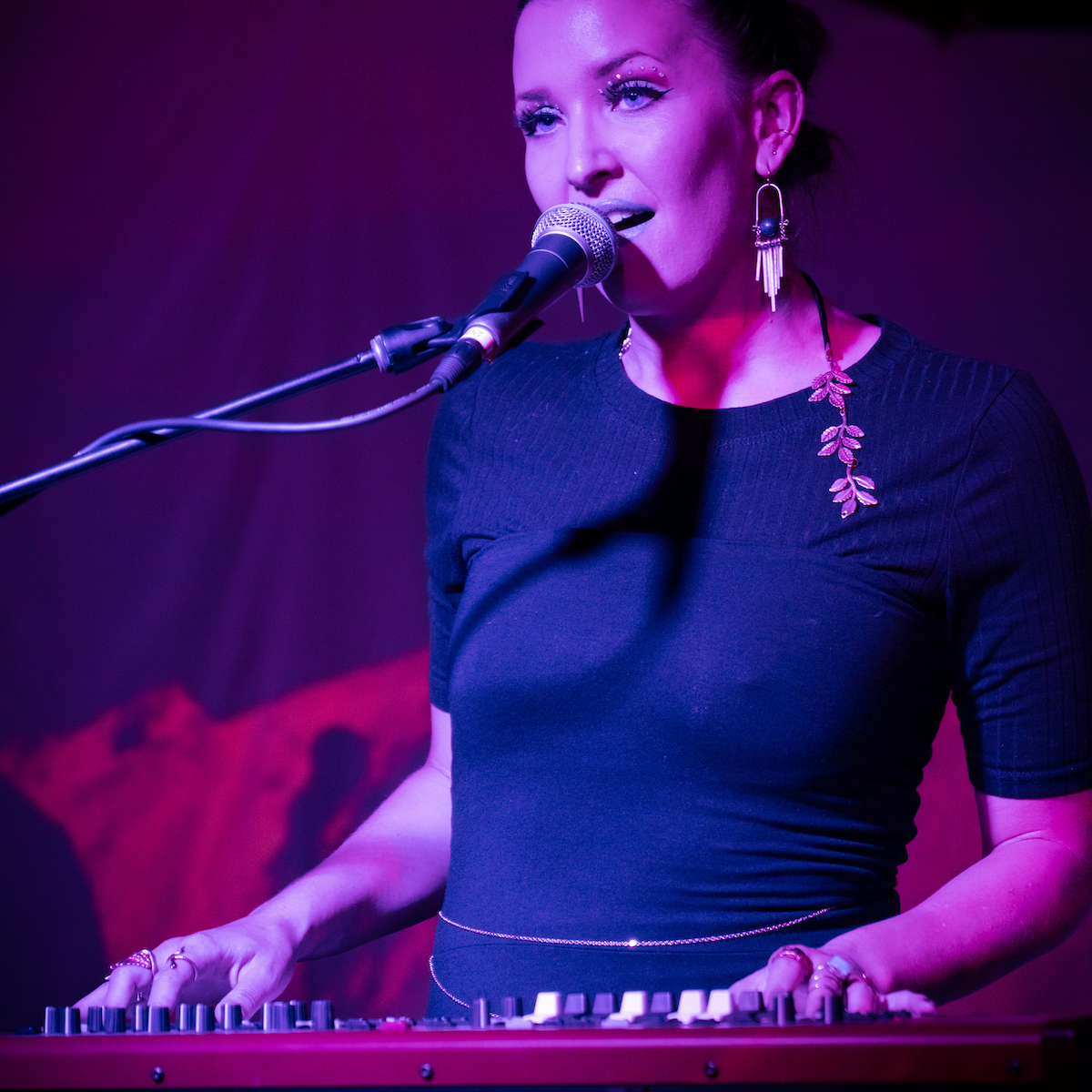 A performer on keyboards and singing.